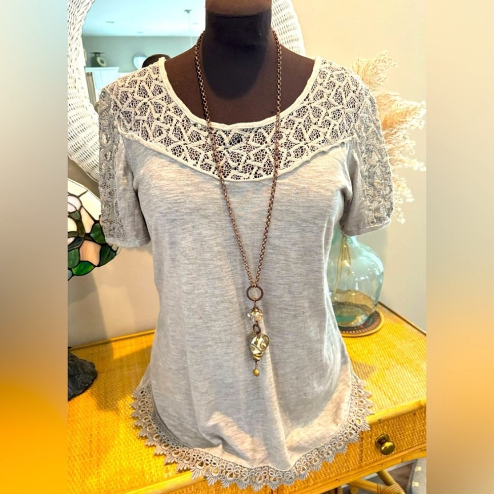 Elegant Lace Trim Gray Blouse